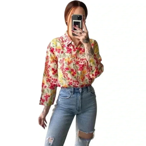 Vintage Field Manor Floral Linen Shirt Size M - Picture 1 of 6